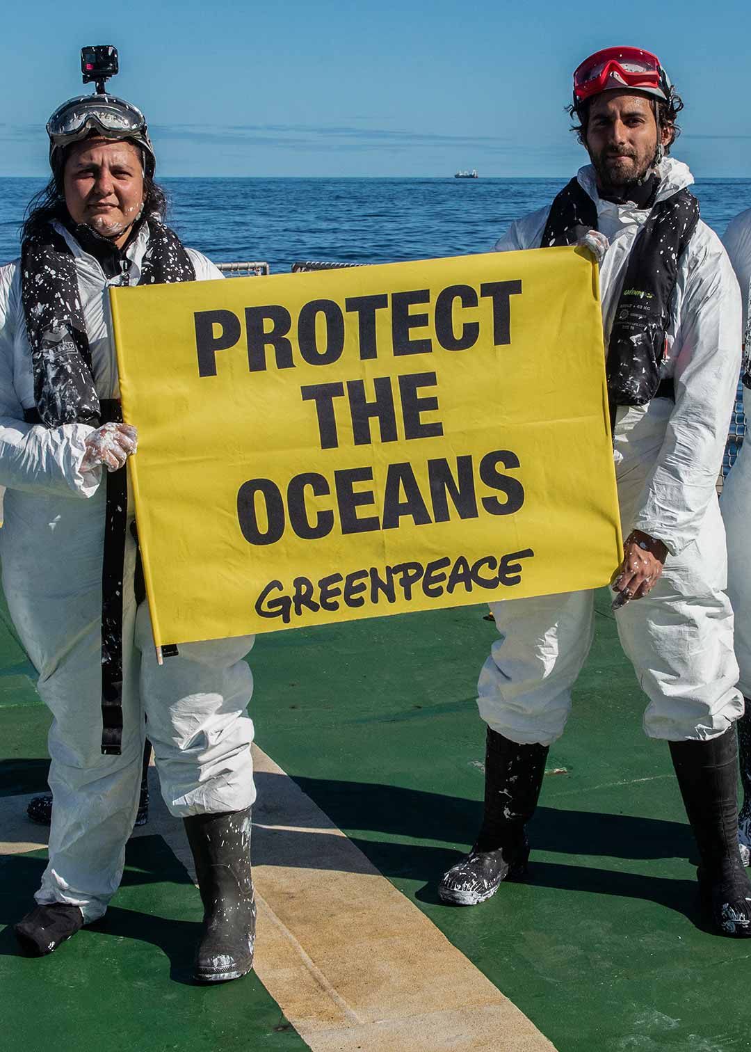 Greenpeace activists holding a 'protect the oceans' placcard